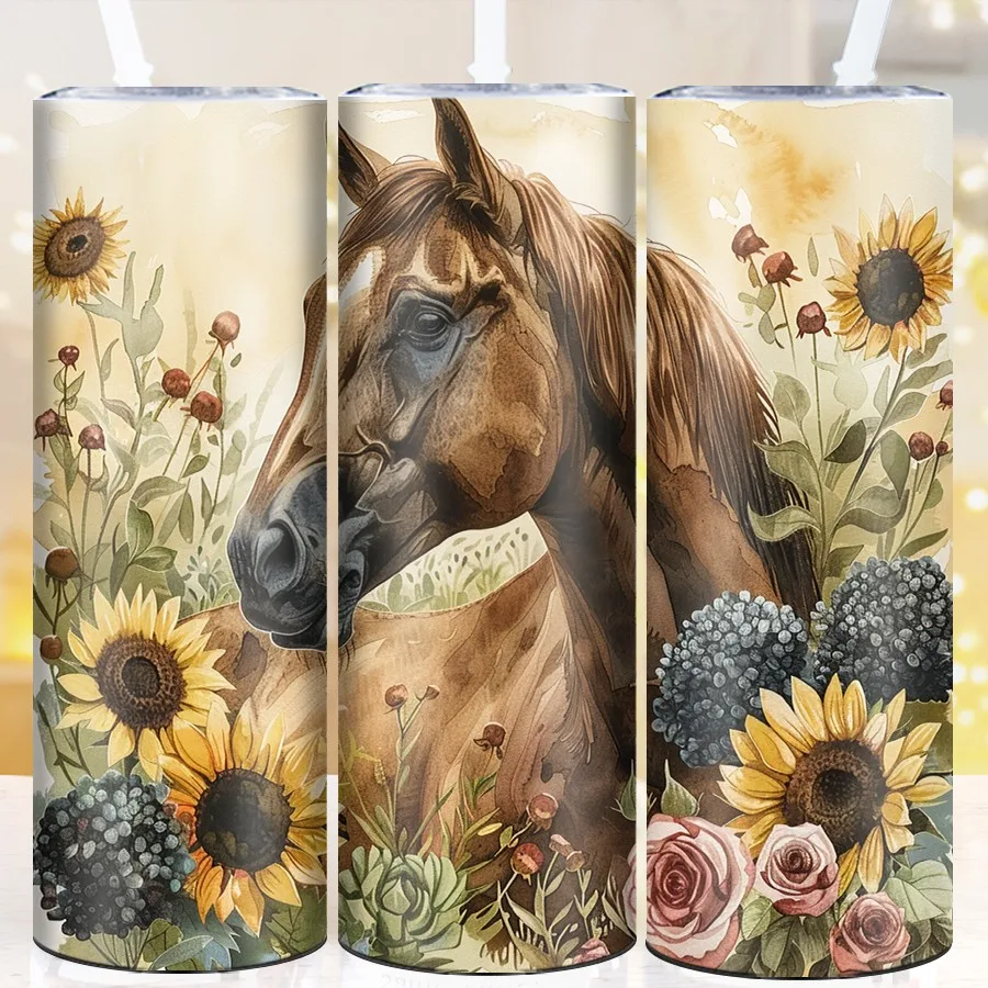 1Pc 3D Print Flowers & Horse Insulated Travel Cups Straw Lid Stainless Steel Party Festive Coffee Tumblers Outdoor Vacuum Mugs