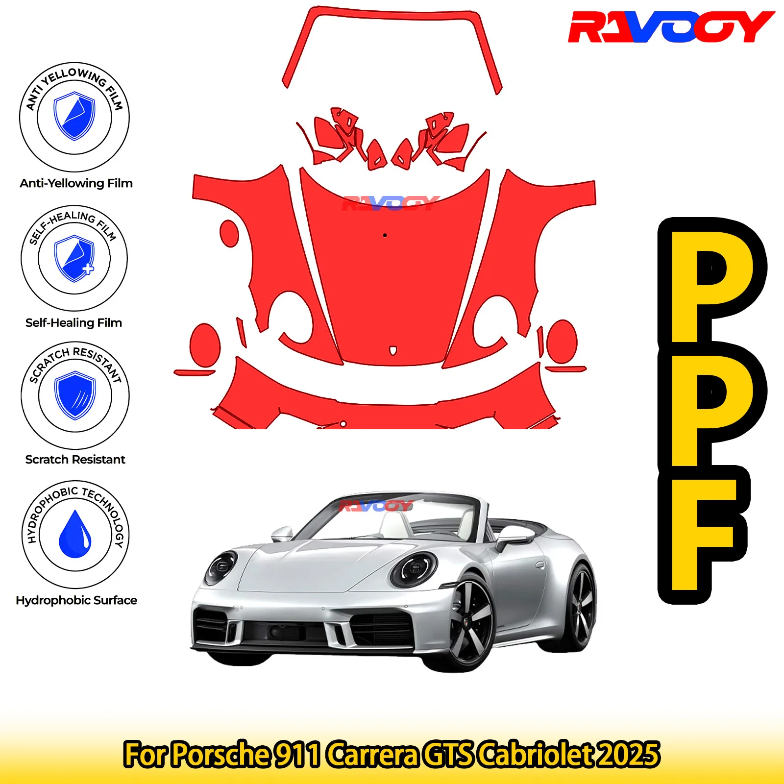 

For Porsche 911 Carrera GTS Cabriolet 2025 Glossy Matte Black Precut front PPF Kit Paint Protection Film