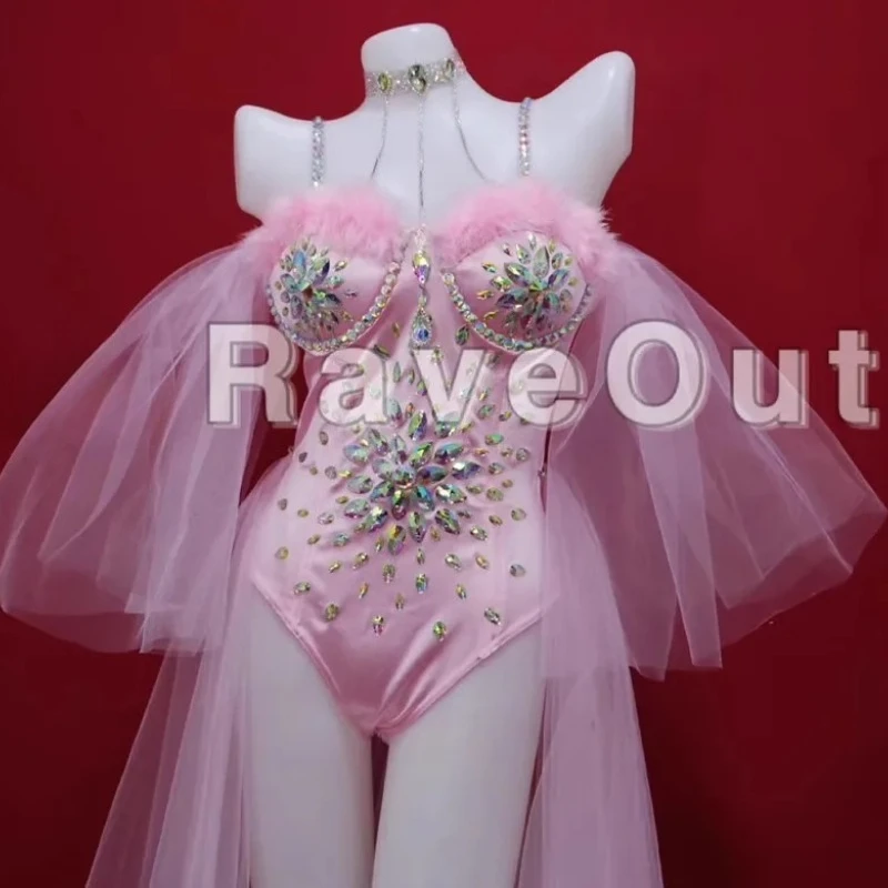 Pink Long Tail Gauze Bikini Shining Diamond Bodysuit Sexy Female Singer Dance Stage Rave Outfits Bar Nightclub Party Costume