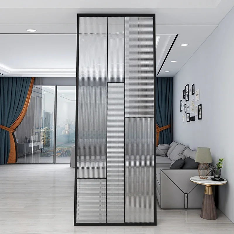 

Glass screen partitions the living room to block the modern minimalist entrance light luxury stainless steel screen.