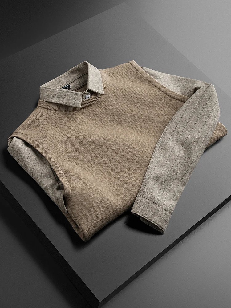 

Модный мужской вязаный свитер с длинным рукавом, имитация двухслойности, с воротником-стойкой, зимний, повседневный, приталенный, молодежный