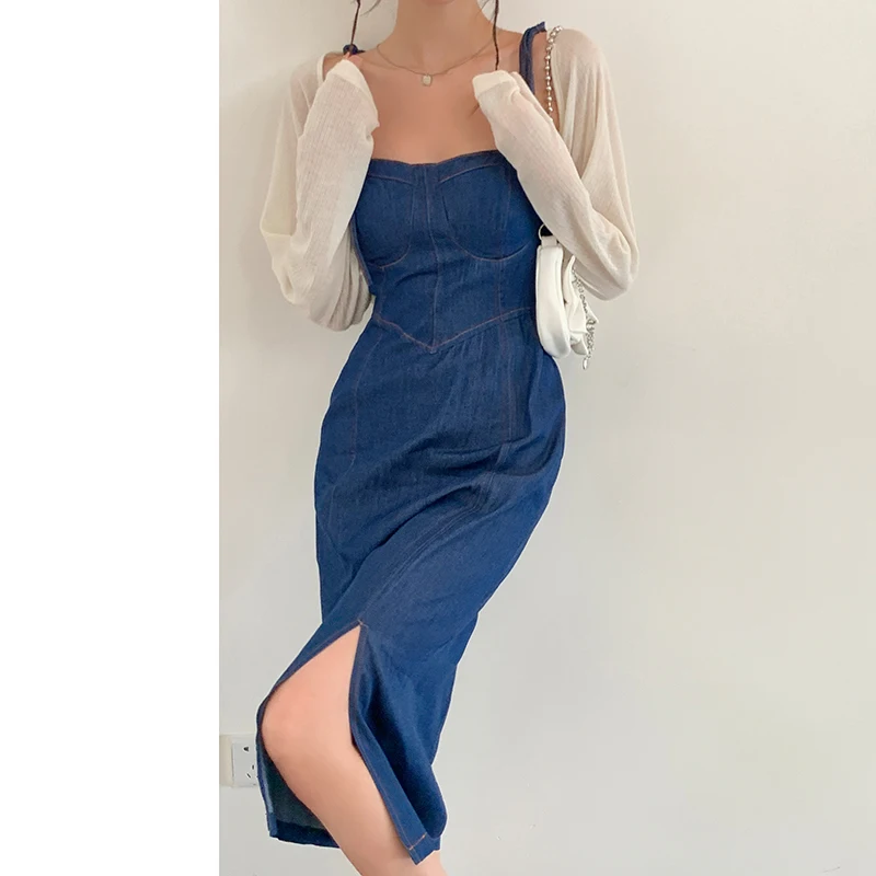 

Hot Girls Sexy Slit Lace-Up Jean Dress Women Summer Sundress Fashion High Waist Denim Dress Strapless Spaghetti Strap Dresses