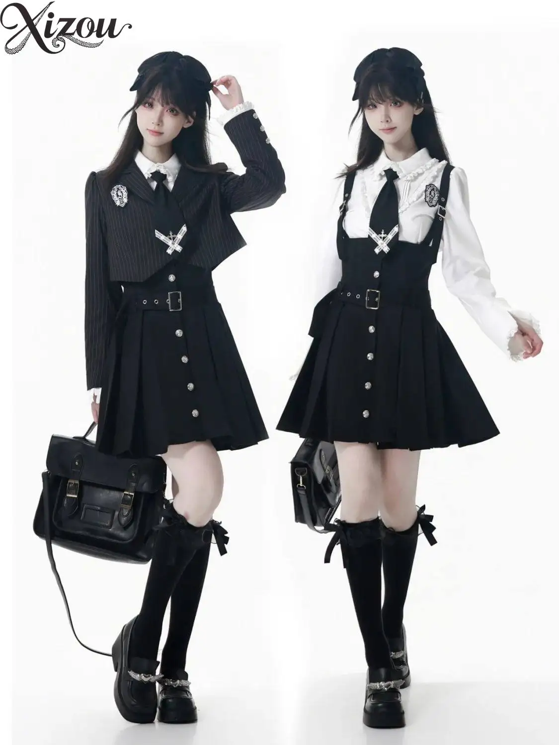 

Japanese JK College 3-Piece Uniform Set Slim Blazer White Shirt High Waist Suspender Skirt Belted Striped Sweet School Outfit