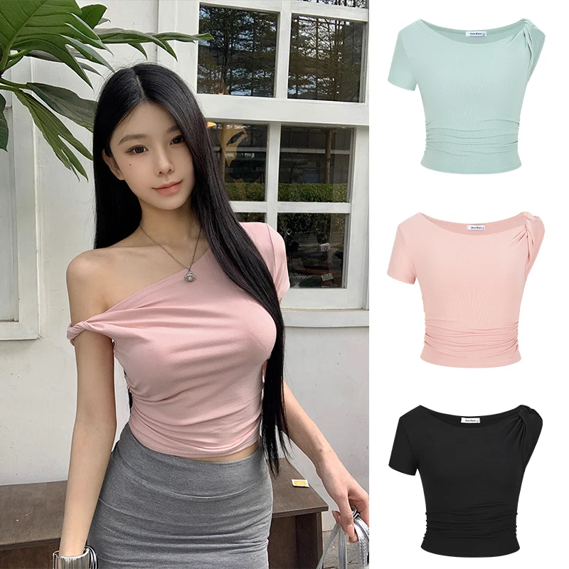 MosesQueen Spicy Girl Style Short Sleeve T-Shirt Women's Shoulder Bared Top Pure Color Quick Dry round Neck Crop Top