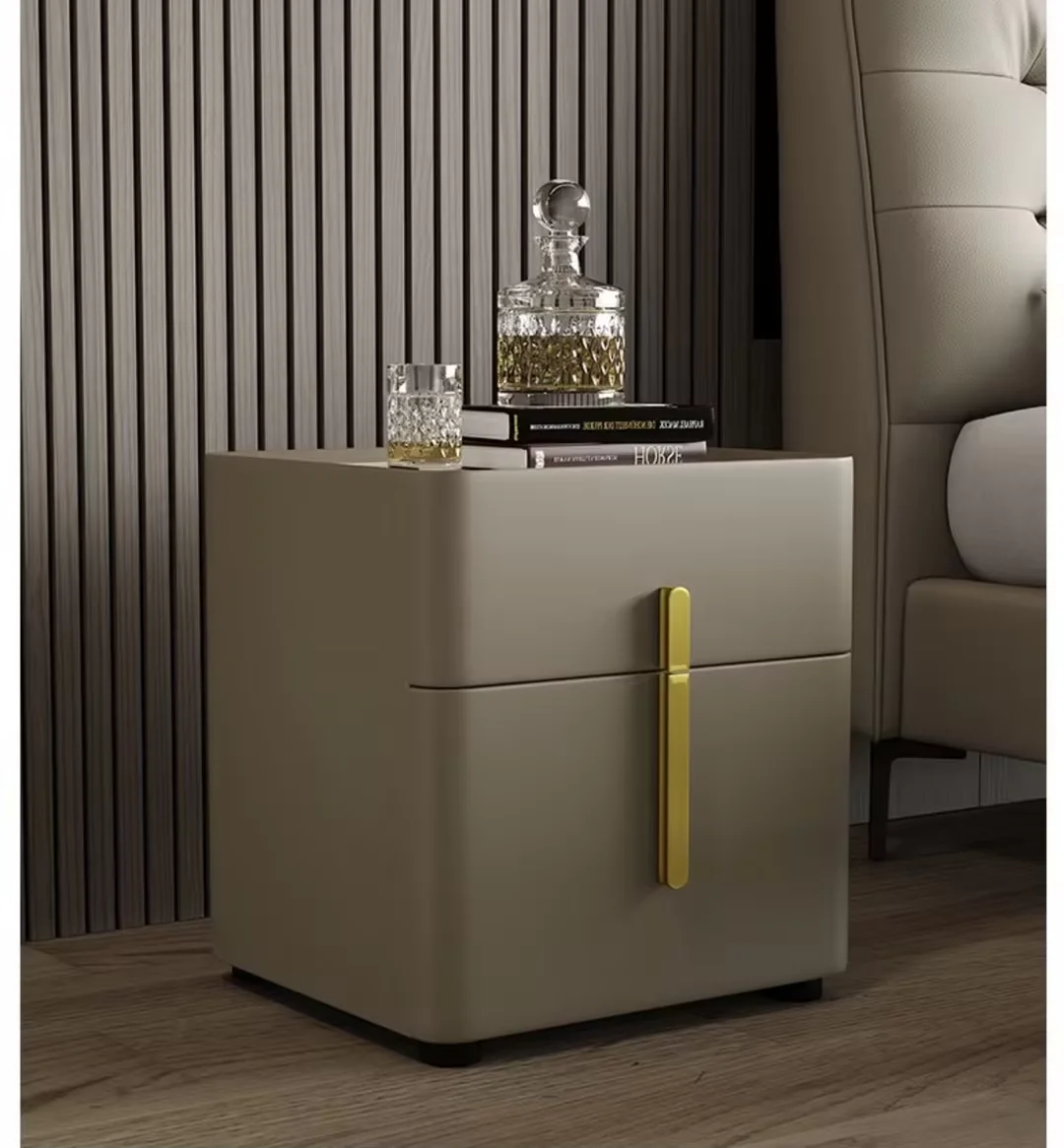 Modern Nordic Simple Square Nightstand Smoky Color Wooden Luxury Home Office Bedroom Storage 2 Drawers