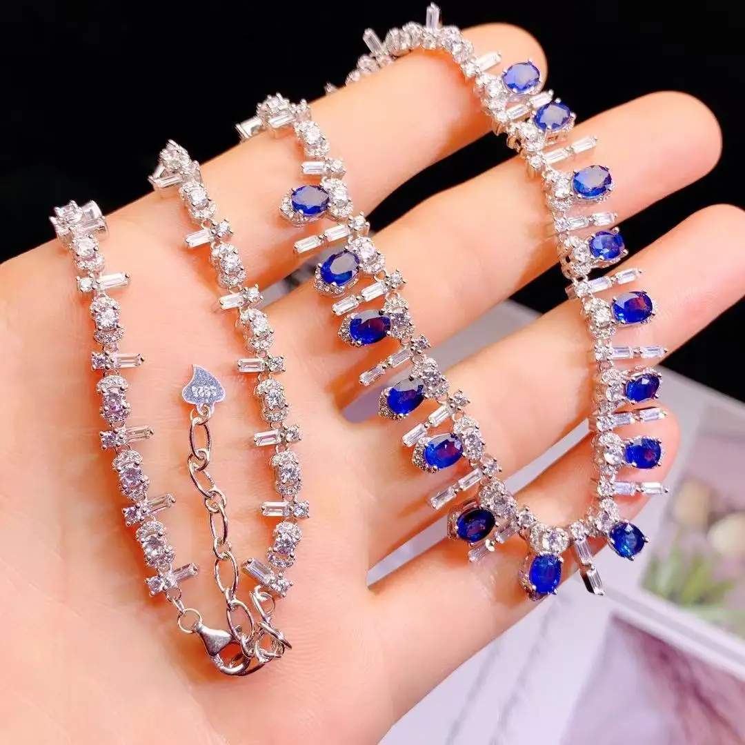 Natural Sapphire Necklace Light Luxury Heavy Craft, 925 Sterling Silver Gemstone Collarbone