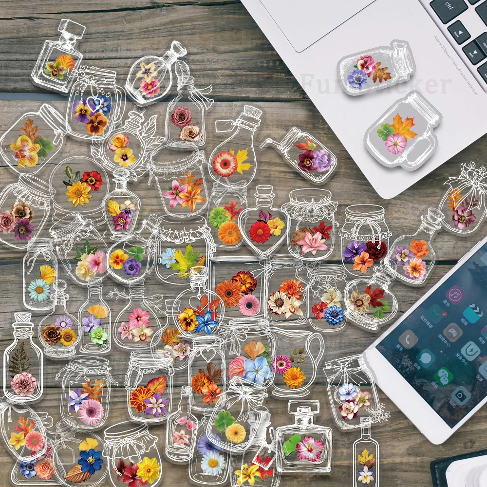 50PCS Glass Bottles with Dried Flower PET Sticker Waterproof Oil proof Transparent Romantic Art Colorful Flower Gift Collection