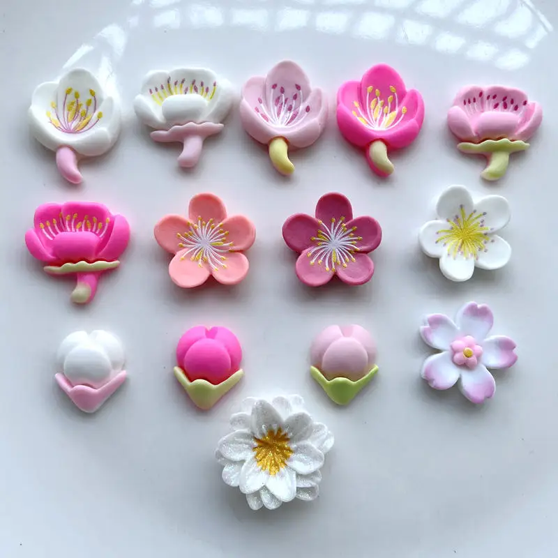 20pcs  mixed style white petals/pink floral resin flat bottomed Cabochon DIY jewelry/mobile phone charm decoration without holes