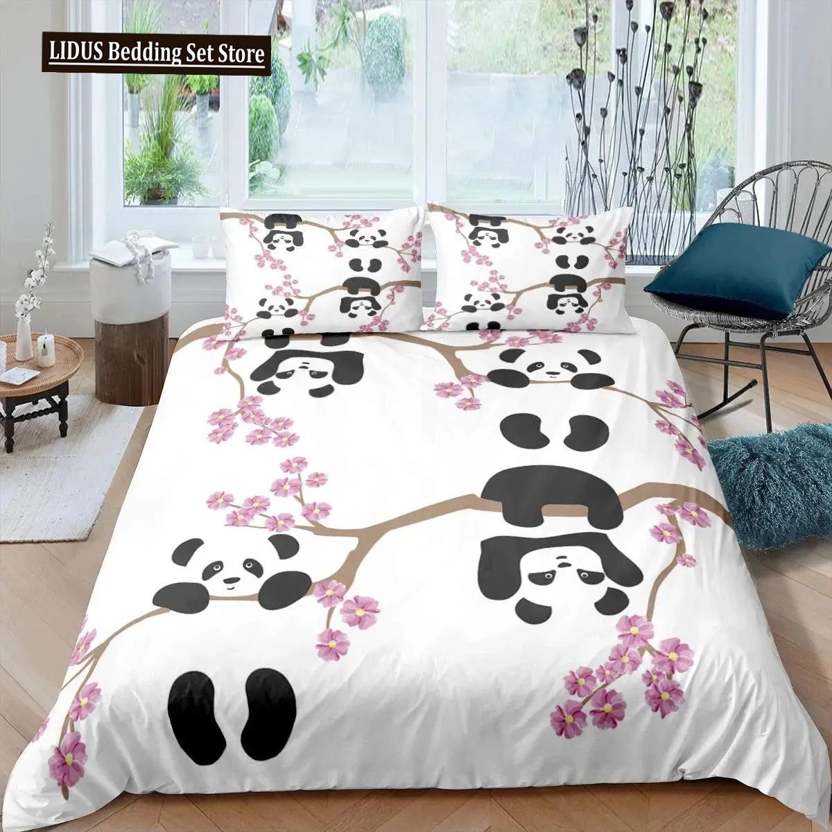 

Panda Duvet Cover Set Cherry Blossoms Cute Animal Bedding Set Flower Branches Cartoon Double Queen King Polyester Quilt Cover