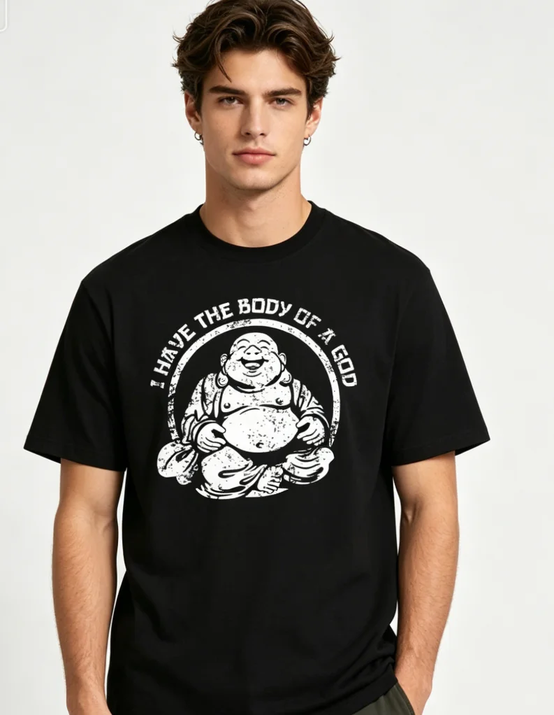 Plus Size Men's Funny Buddha I Have The Body of A God T-Shirt - Chubby Pride Graphic Tee Soft Breathable Cotton Humor Apparel,