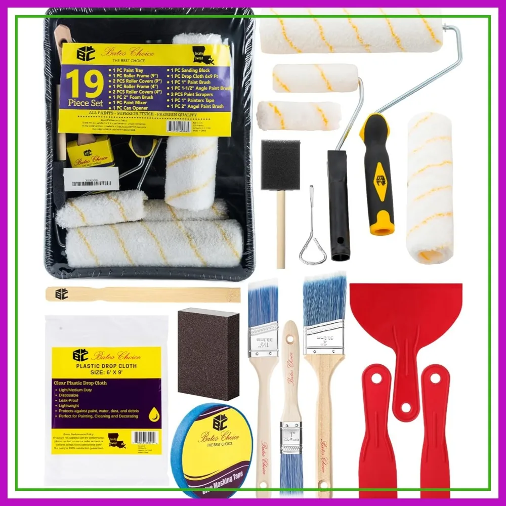 

19-Piece Paint Roller Kit with Microfiber Sleeves, Tray, Brush Set for Walls, Cabinets, Interior & Exterior Painting