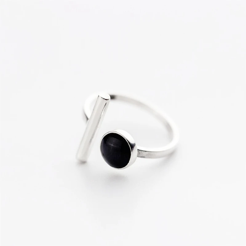 Geometric Black Drip Glaze Circle 925 Sterling Silver Female Resizable Fine Opening Rings RI1012