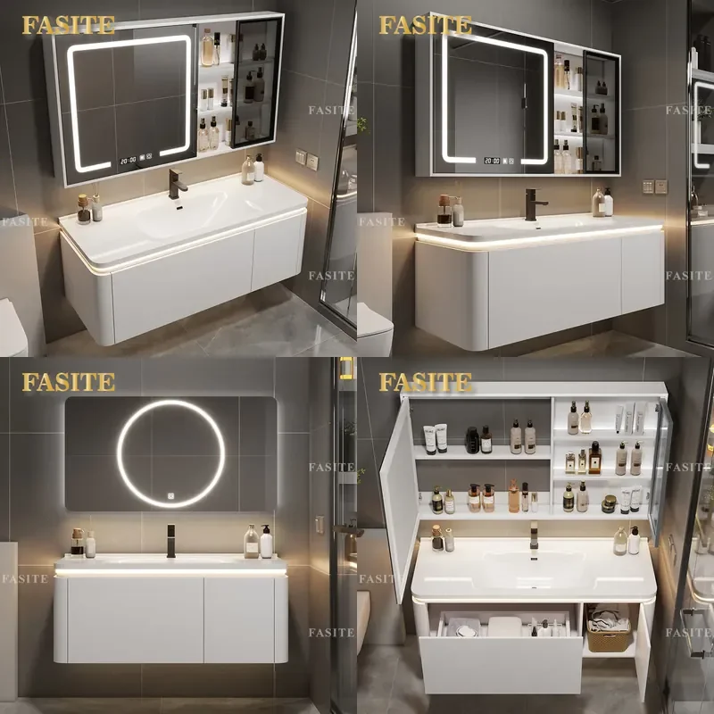 For Modern Simple Smart Bathroom Cabinet Ceramic Integrated Basin Washbasin Vanity Combo Cream Color Storage Waterproof Home