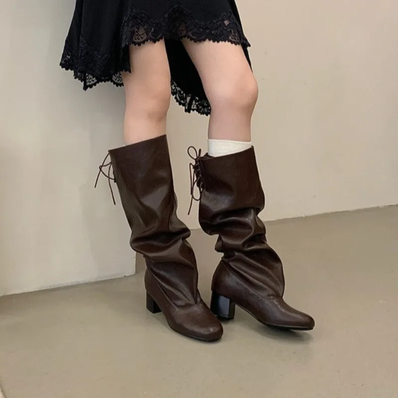 Soft Leather Chunky Heel Knee High Boots Women Cross Straps Details Stacking Fashion Winter Boots Brown Retro Long Women Boots