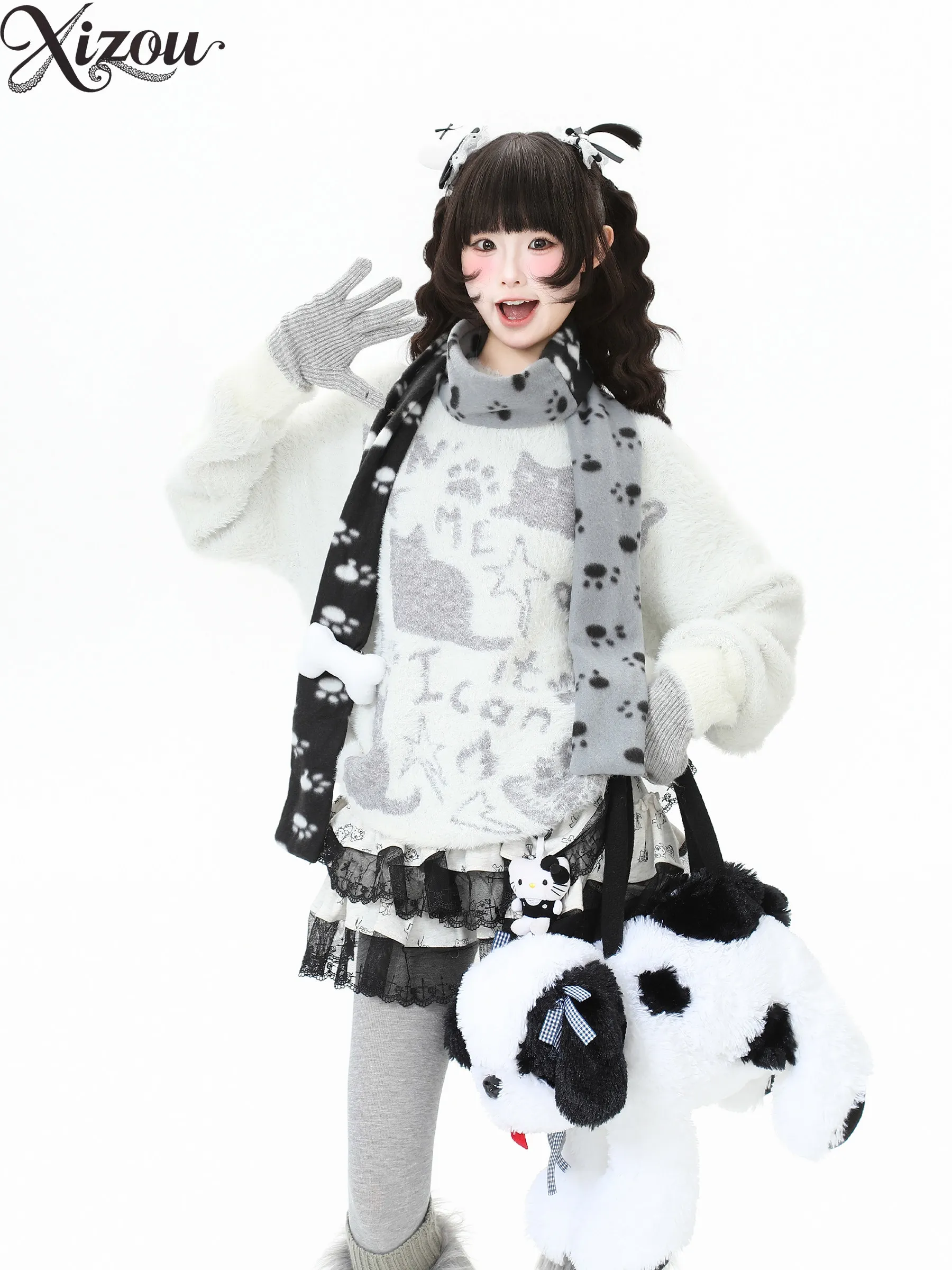 Kawaii Bow Tie Mohair Sweater Women Autumn Soft Cozy Mink Velvet Loose Sweet Japanese Knitted Top 2025 Cat Star Letter Print