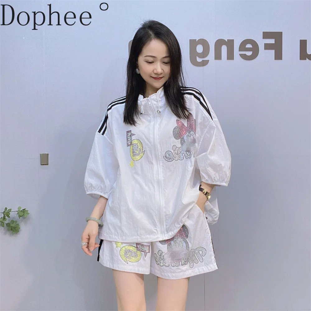 

Outdoor Sunscreen Two-piece Suit Women Summer Cartoon Hot Drilling Half Sleeve Zip Cardigans Top + Casual Wide Leg Shorts Sets
