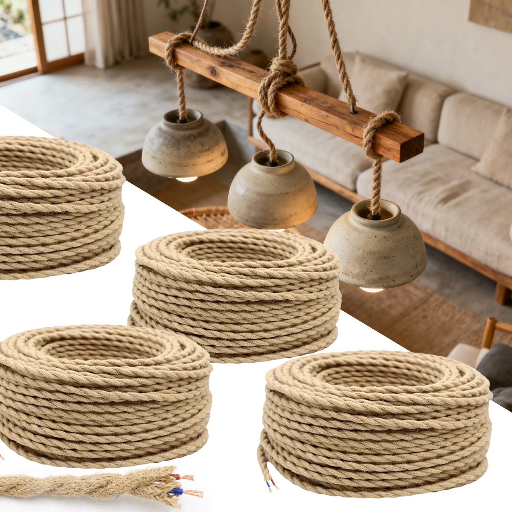 

Электрический удлинитель из витой джутовой веревки 30м/20м/10м - винтажный стиль, для подвесных светильников DIY, аксессуар для рустикального освещения, Wr