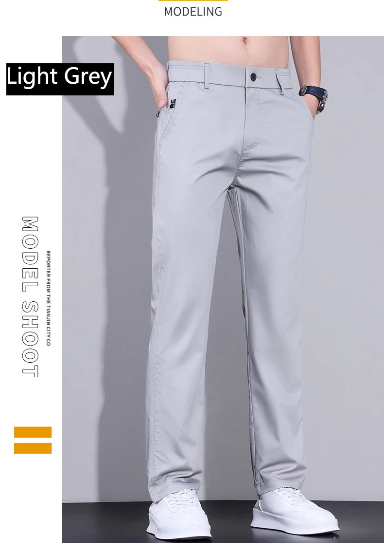 Herren Sommer Eisseide Freizeithose Ultra-Dünn Schnelltrocknend Elastisch Schmal Geschnitten Einfarbig Business Markenkleidung Hose – Detail 3