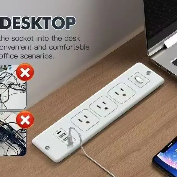 

FUNAYA US Plug Embedded Power Board Desktop Hidden Socket USB-C/A Fast Charge Power Supply Electric Extension Cable Sockets