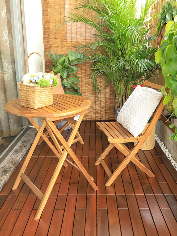 

Balcony solid wood table and chair combination environmentally friendly wood outdoor folding table and chair minimalist Acacia