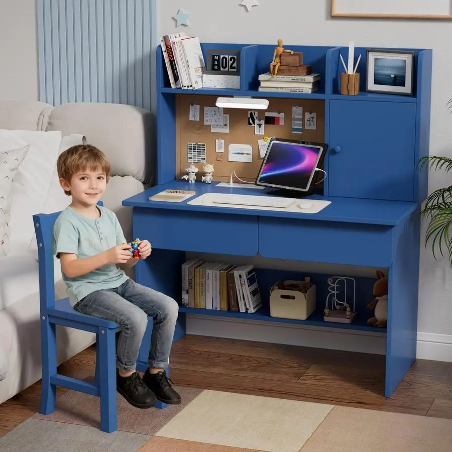 طقم مكتب وكرسي دراسة خشبي للأطفال، مكتب أطفال مع ضوء ومحطة شحن، درجين، خزائن تخزين و3 تخزين O #4