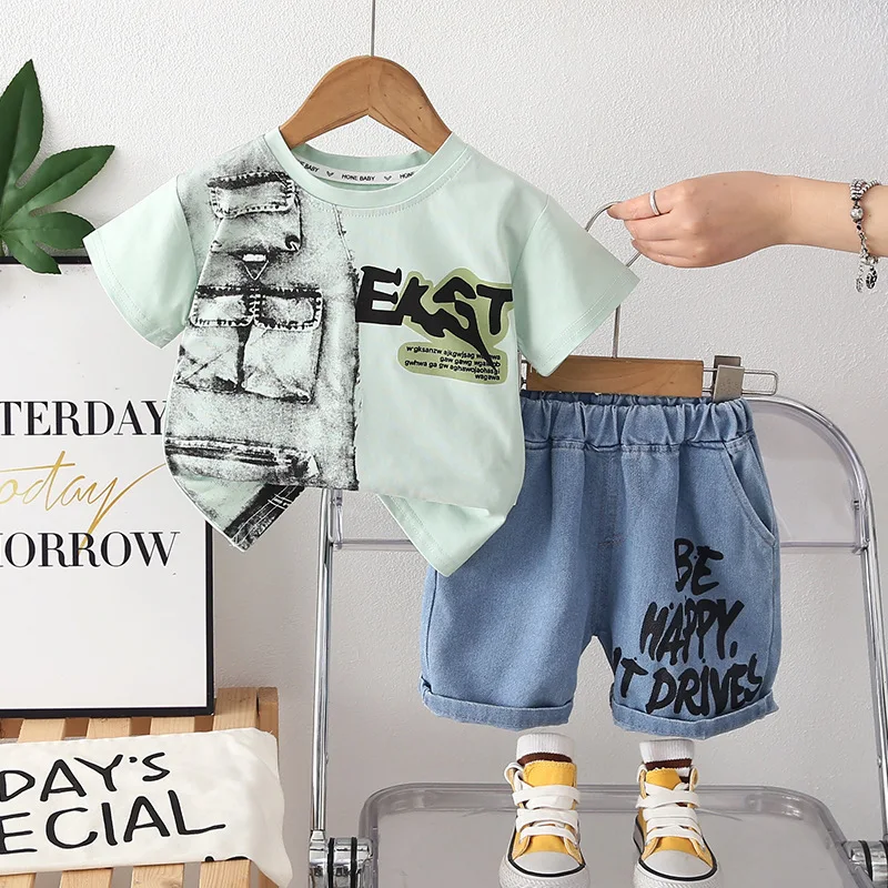 Children's Suit 2026 Summer New Baby Boys Outfit Korea Casual Short Sleeve T-shirts and Denim Shorts Two Piece Set Kids Clothing