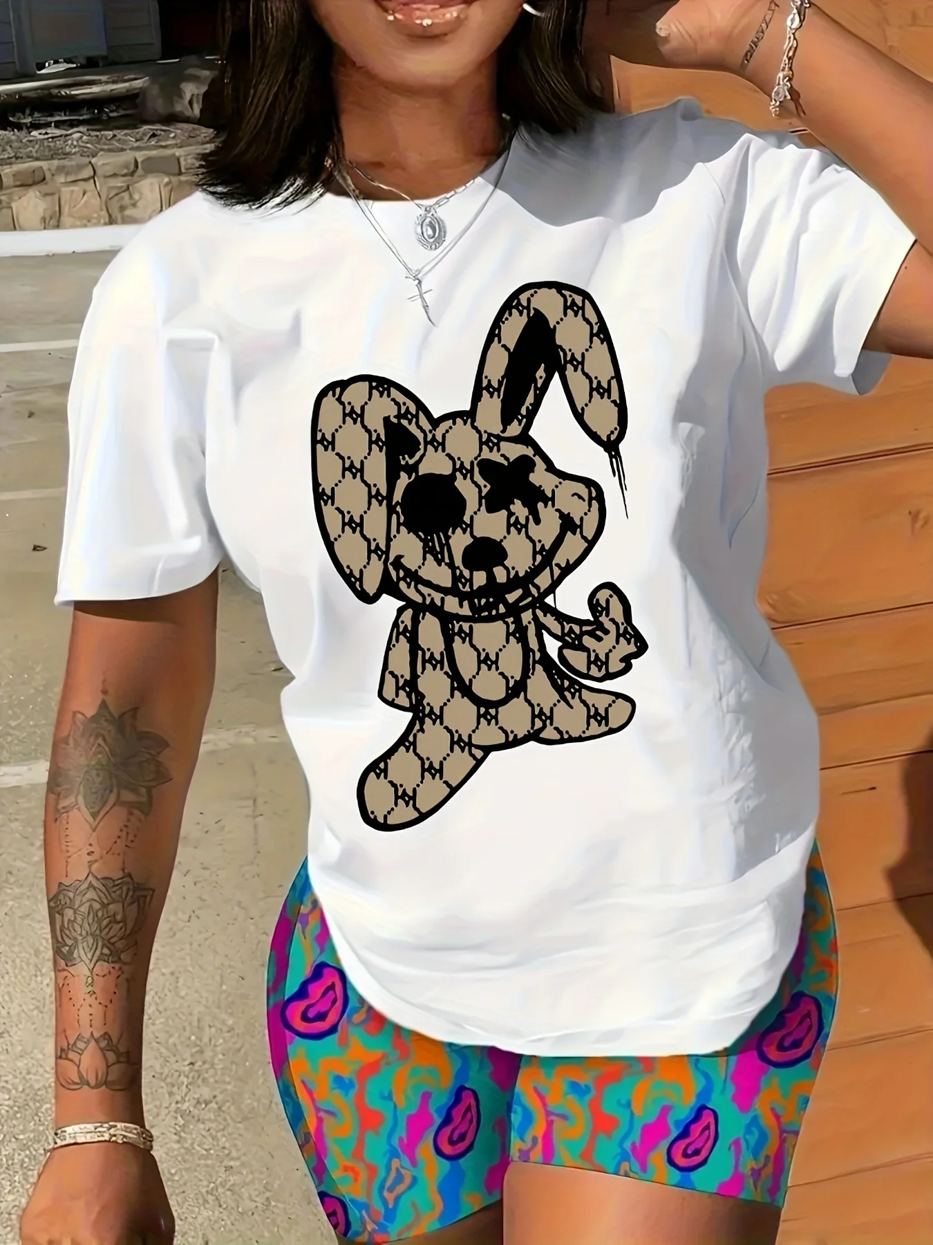 

Rabbit Print Crew Neck T-shirt, Casual Short Sleeve T-shirt For Summer, Women's Clothing