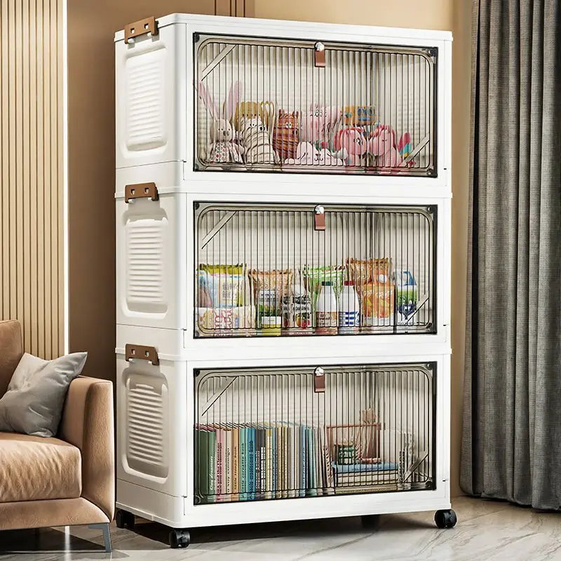 Push-Fit Foldable Storage Cabinet with All-Way Wheels – Segmented Flip-Back Lid Shelf for Living Room & Bedroom, Modular Unit
