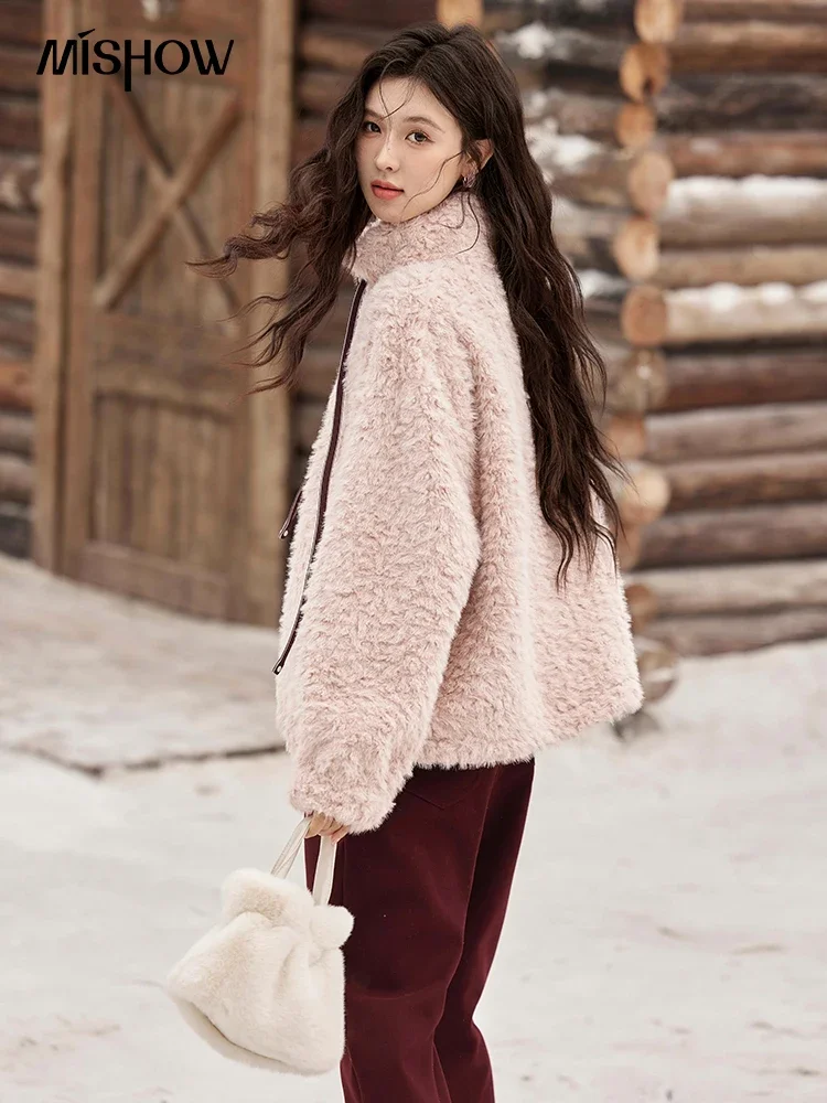 MISHOW Lamb Wool Pullovers Korean Stand-up Collar Half Zipper Sweater Rope Design Adjustable Hem Thickened Warm Tops MXD59V0114