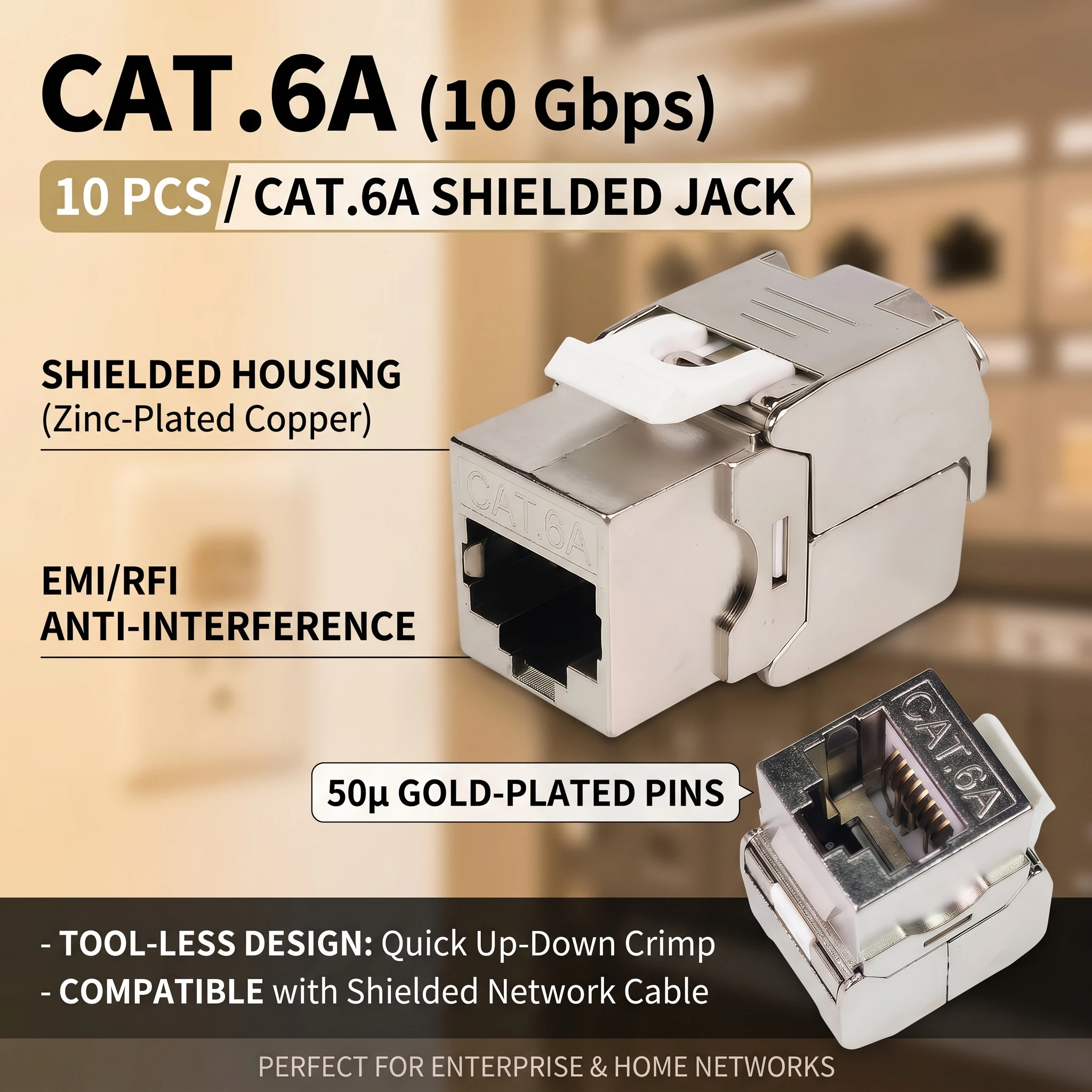 

10Pcs CAT.6A Shielded Tool-less RJ45 Keystone Jack, Up-Down Crimp 10Gbps Network Data Connector for Shielded Cable