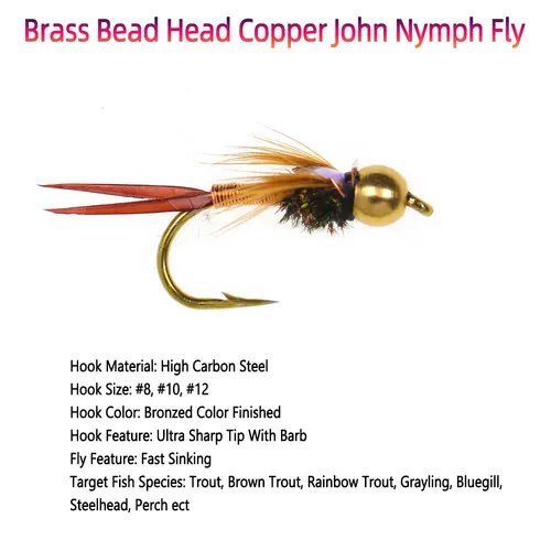 Imagen 2 del producto Bimoo 6PCS # 8 # 10 # 12 cabeza de cuentas de latón, ninfa John de cobre, mosca de hundimiento rápido, ninfa húmeda para perca de trucha, señuelos de pesca con mosca Steelhead