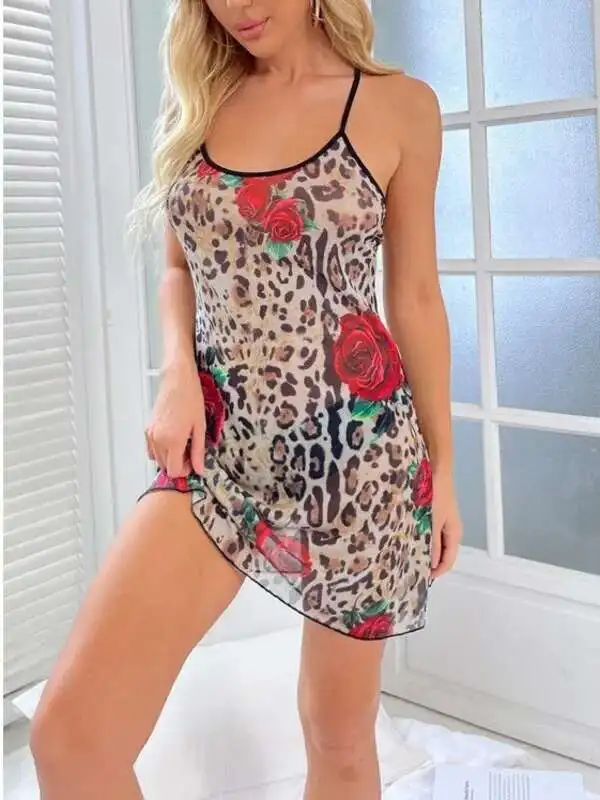 موضة الصيف الغريبة حزام المرأة 2024 جديد U الرقبة ليوبارد نمط زهرة ضوء ومثير ملهى ليلي التخسيس فستان أنيق 6T7Q