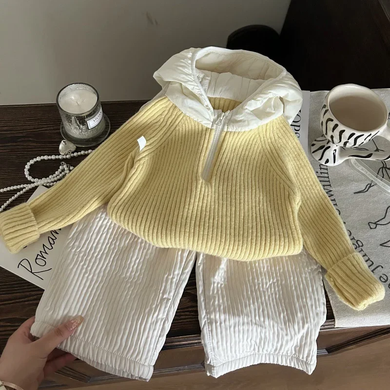 2-teiliges Fleece-Hoodie-Set für Mädchen – gemütlicher Strickpullover und passende Thermohose, weiche Loungewear für kalte Nächte