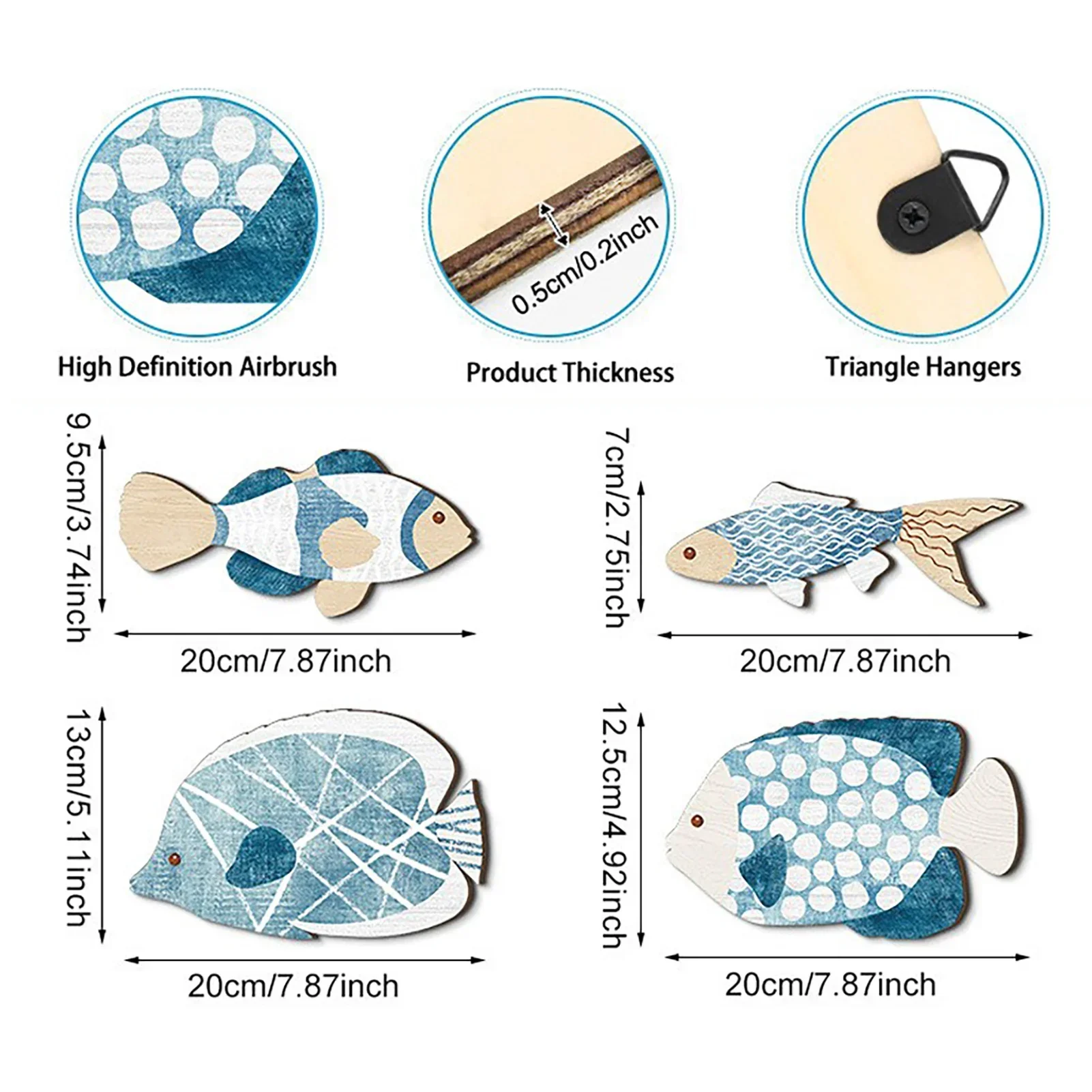 4Pcs Sea Fish Wooden Wall Hanging Decor Wood Wall Ornament Nordic Marine Style Wall Decor for Home Living Room Vacation Hotel