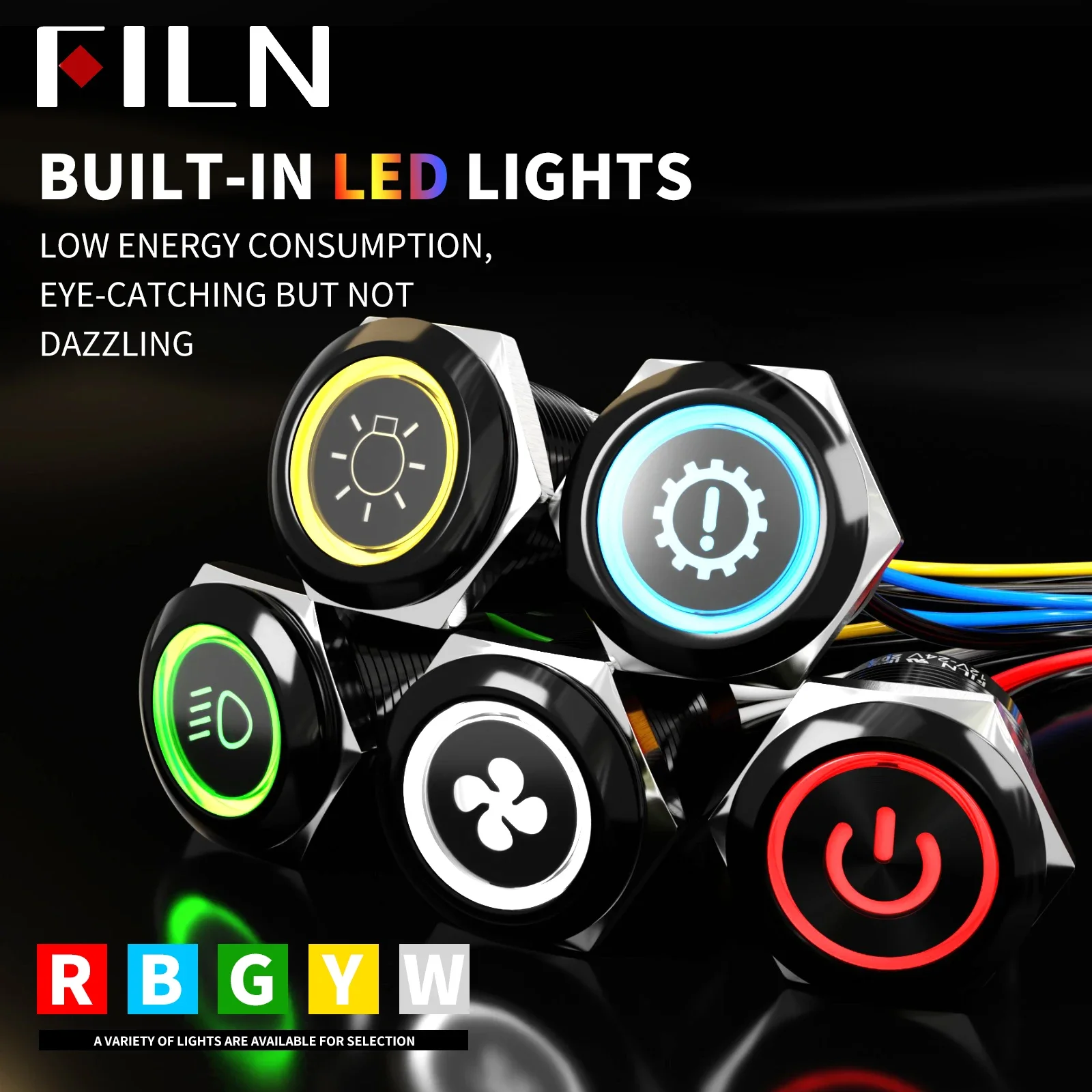 FILN 19mm 2Pcs 12V 24V LED Metal Push Button Switch Stainless Steel Black Dashboard Warning Symbol ON OFF Car Racing Switch