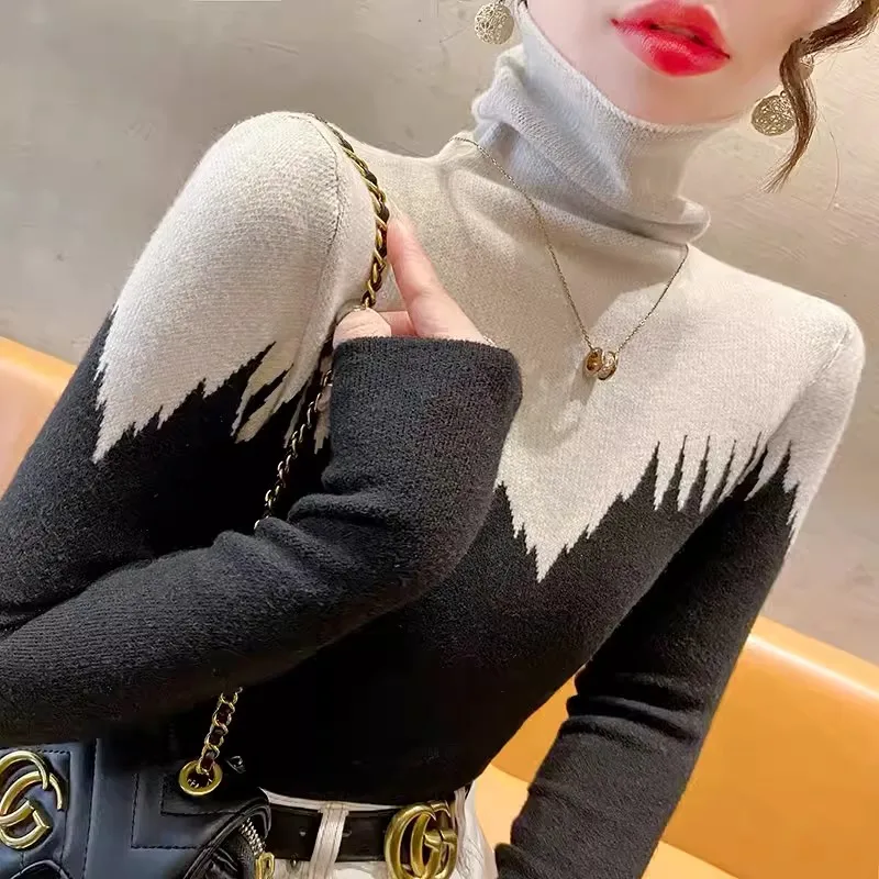 2024 Spring Contrast Style Vintage Fashion Sweaters Women Y2k Slim Turtleneck Casual Knitted Top Chic Spliced Pullovers