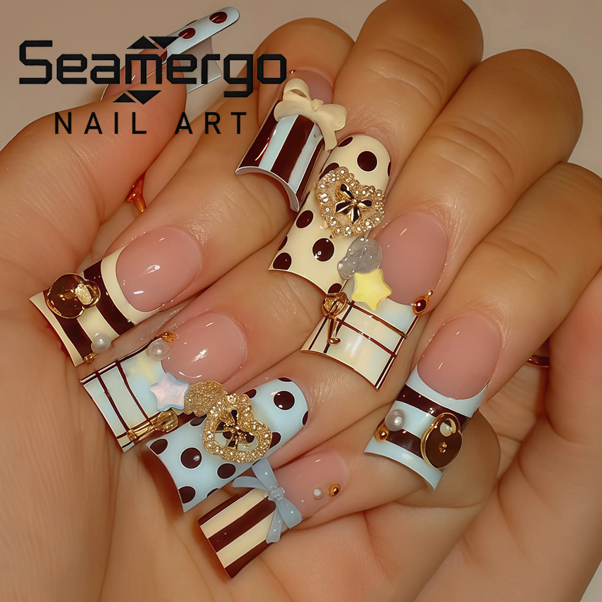 24PCS Square Press on Nails Brown White Polka Dot Stripe Bow Heart Rhinestone Decor Sweet Luxury Style Reusable False Nails