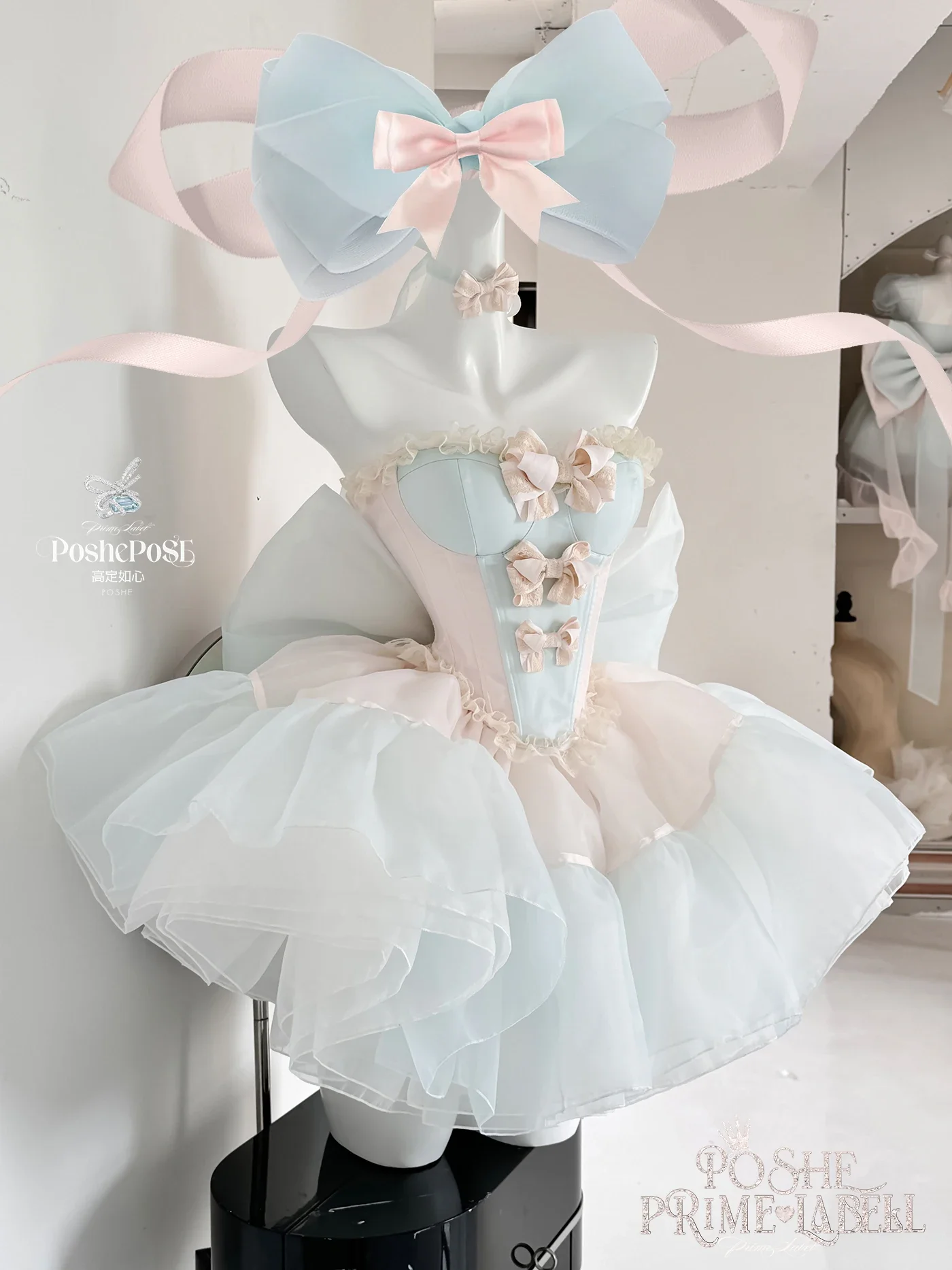 New Fairy Sweet Girl Princess Dress New Fashion Pink Blue Cute Bow Strapless Top Tutu Skirt Two-piece Set Women\'s Skirt Suits