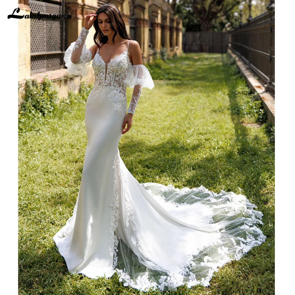 Lakshmigown Sexy V-Ausschnitt Spitzen-Meerjungfrauenkleid für Frauen, Crêpe-Satin V-Ausschnitt Langes Brautkleid nach Maß – Detail 5
