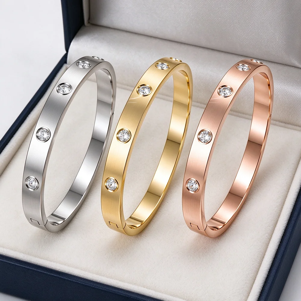 1 Piece of New Fashion Stainless Steel Women's Finger Couple Bracelet with Zircon Inlay, Various Styles, Jewelry, Men's Gift