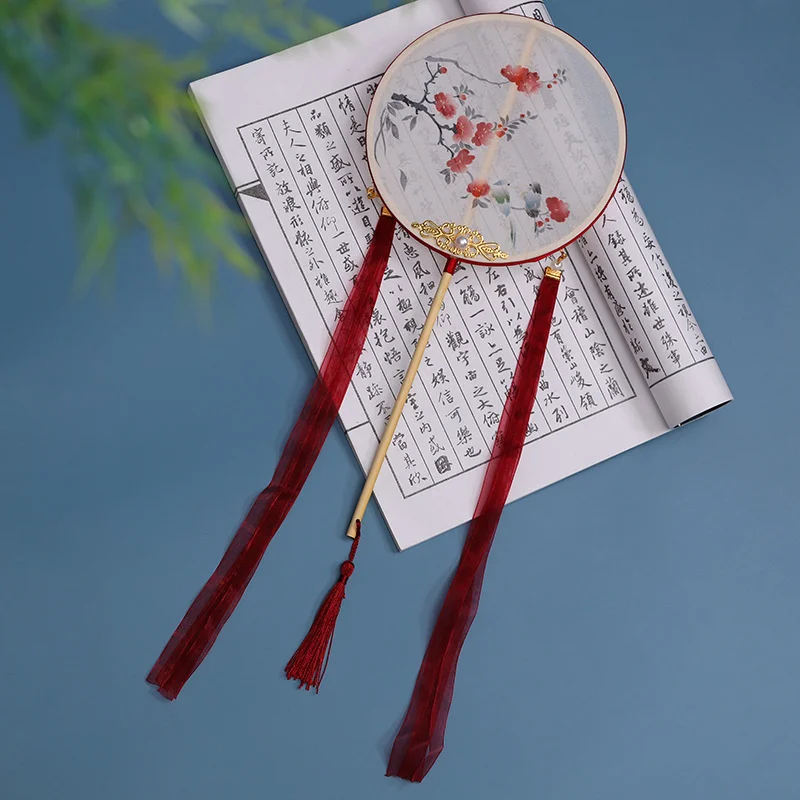 New Antique For Palace Fan Hanfu Handmade Round Fan Children\'s Long Handled Palace Fan With A Diameter Wedding Favors Gifts