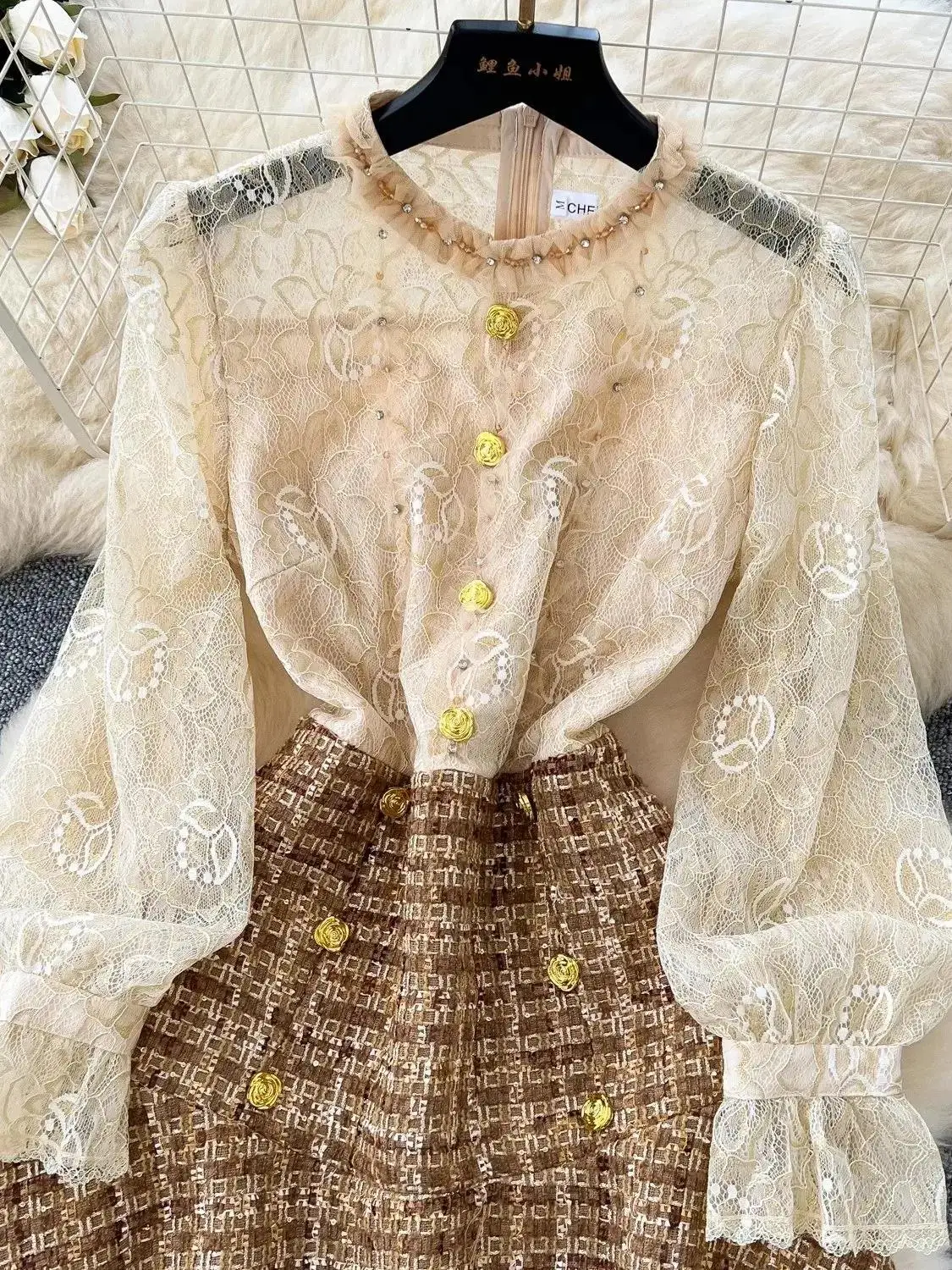 Spring Autumn Elegant Flower Embroidery Lace Stitching Tweed Golden Buttons Plaid Long Sleeve Nail Beading O Neck A-Line Dresses