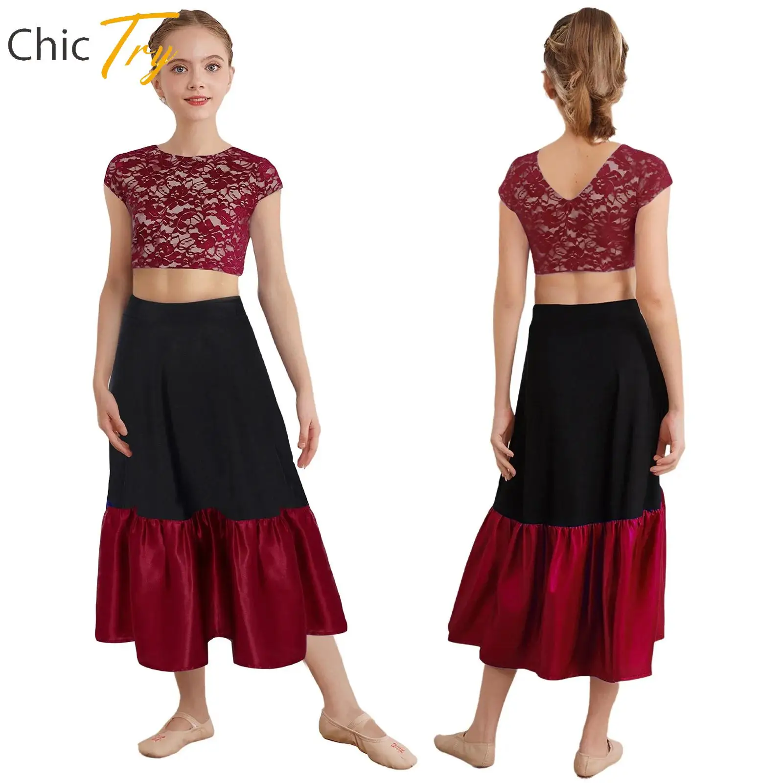 

Girls Flamenco Dance Performance Costume Latin Tango Belly Ballroom Dancewear Cap Sleeves Top Skirt Lyrical Modern Dance Costume