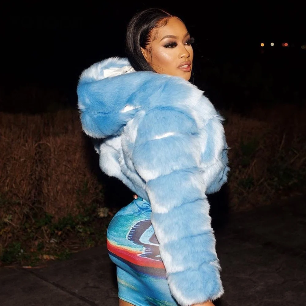Faux Fur Short Jacket With A Hood, Long Sleeves, And A Patchwork Design; S.s.124; Haining§124; Women's Fur Jacket Midi