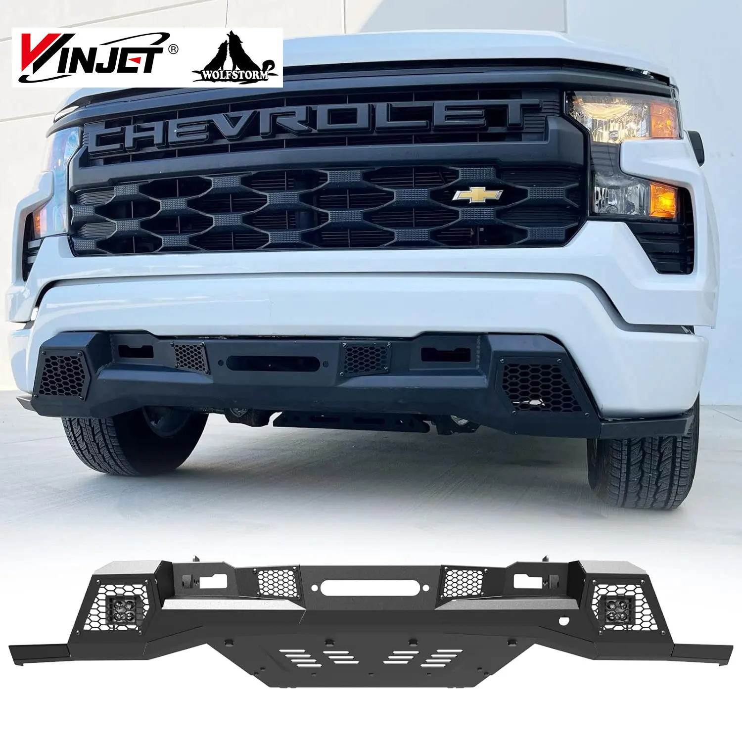 MONSTER WINCH COMPATIBLE Original Factory Replacement Bumper Front Bumper with Skid Plate & 2x LED Pod Light