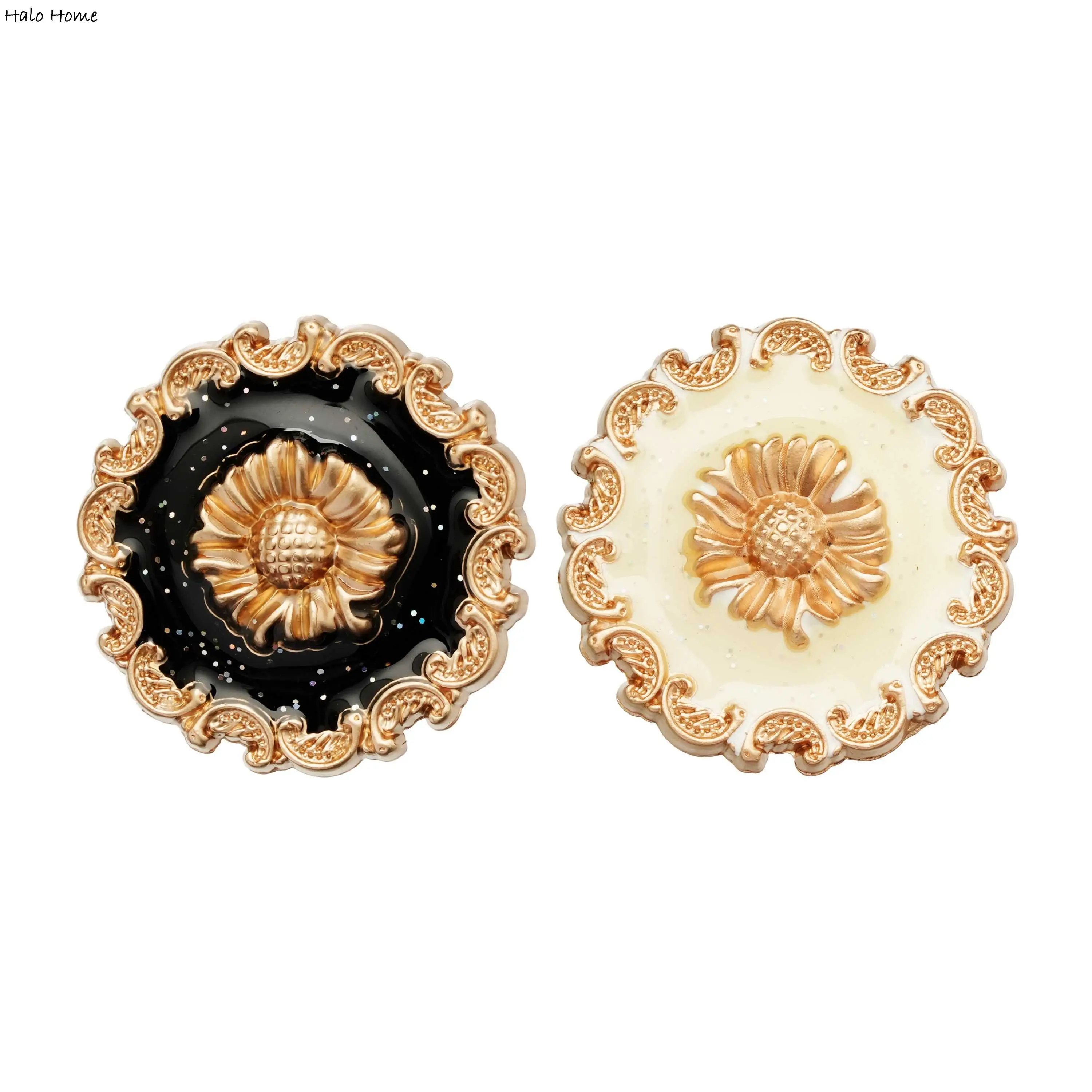 5pcs Vintage Flower Button , Black & White Colors, Gold Accent, Ideal for DIY Clothing Crafts 18-25mm