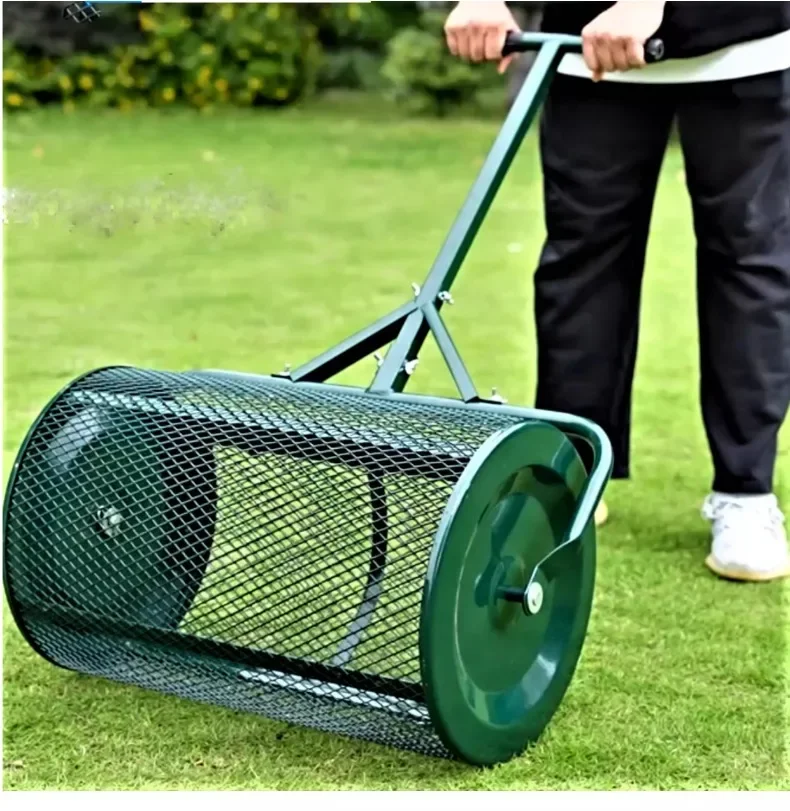 Push-pull fertilizer and seed spreader; iron mesh roller for lawns, gardens, and forestry; for top-dressing with soil, mulch