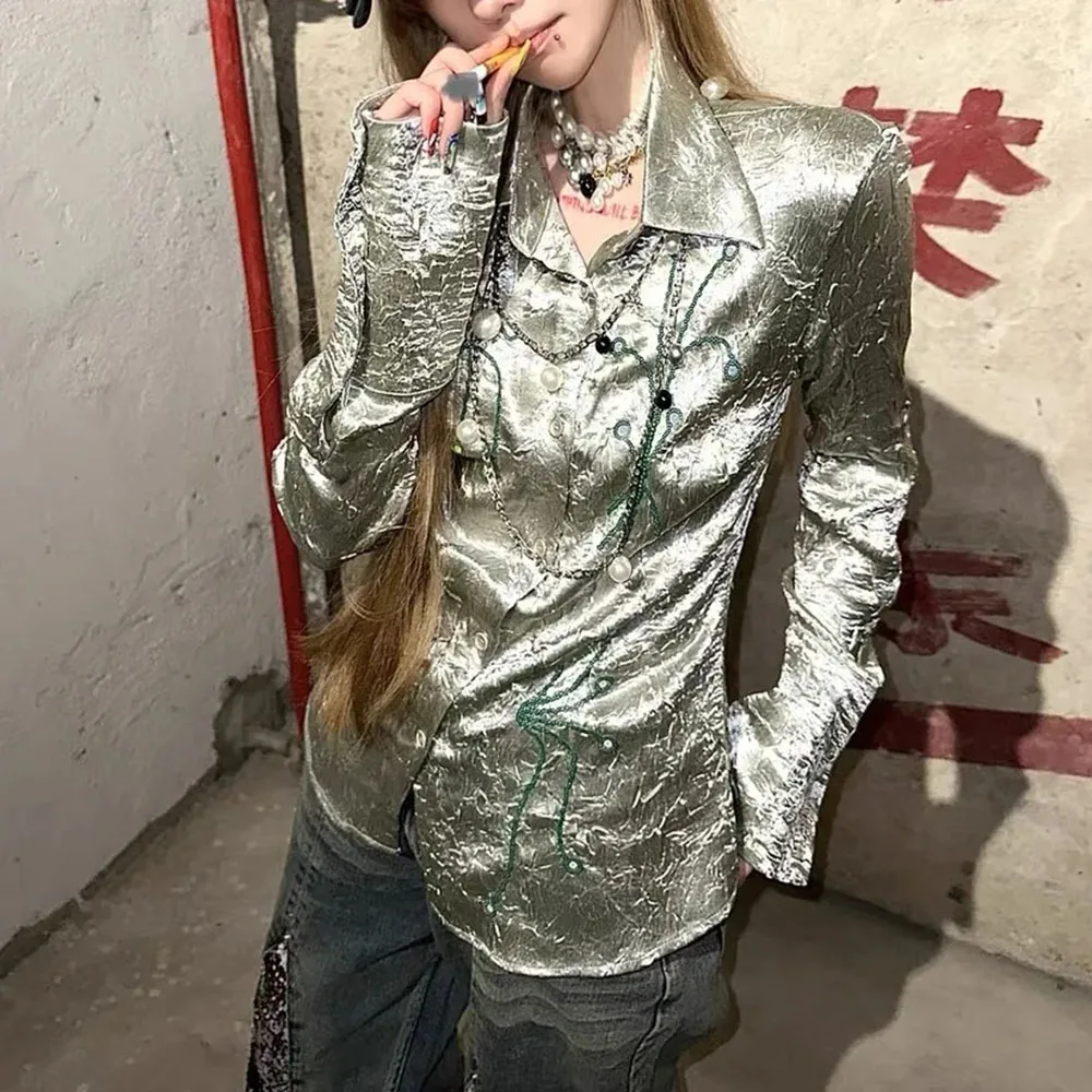Blusa estampada bordada vintage feminina, blusa verde casual, camisa de peito único, streetwear estética doce, Harajuku, Y2k, 2024
