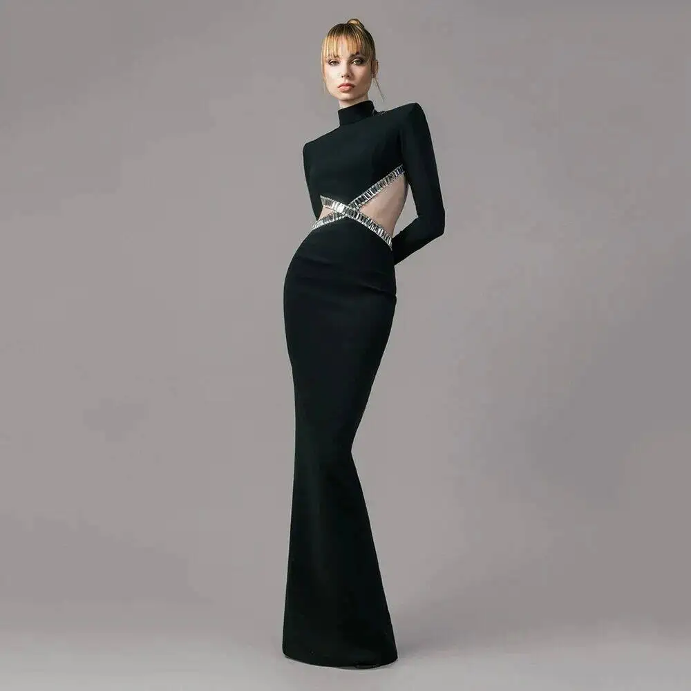 Women's Diamond Hollow Out Bandage Maxi Dress, Sexy High Neck, Long Sleeve, Elegant Celebrity Party Dresses, New, Luxury