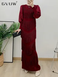 GVUW Pleated Tassel Dress Women Round Collar Full Sleeve Chic Style Elegant Lady Fashion Lady Evening Long Dresses 17G7892